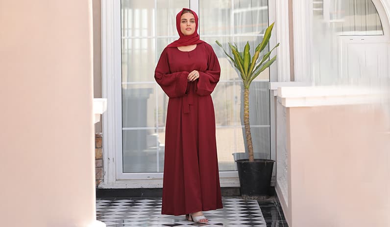 Girl with cherry maroon abaya dress