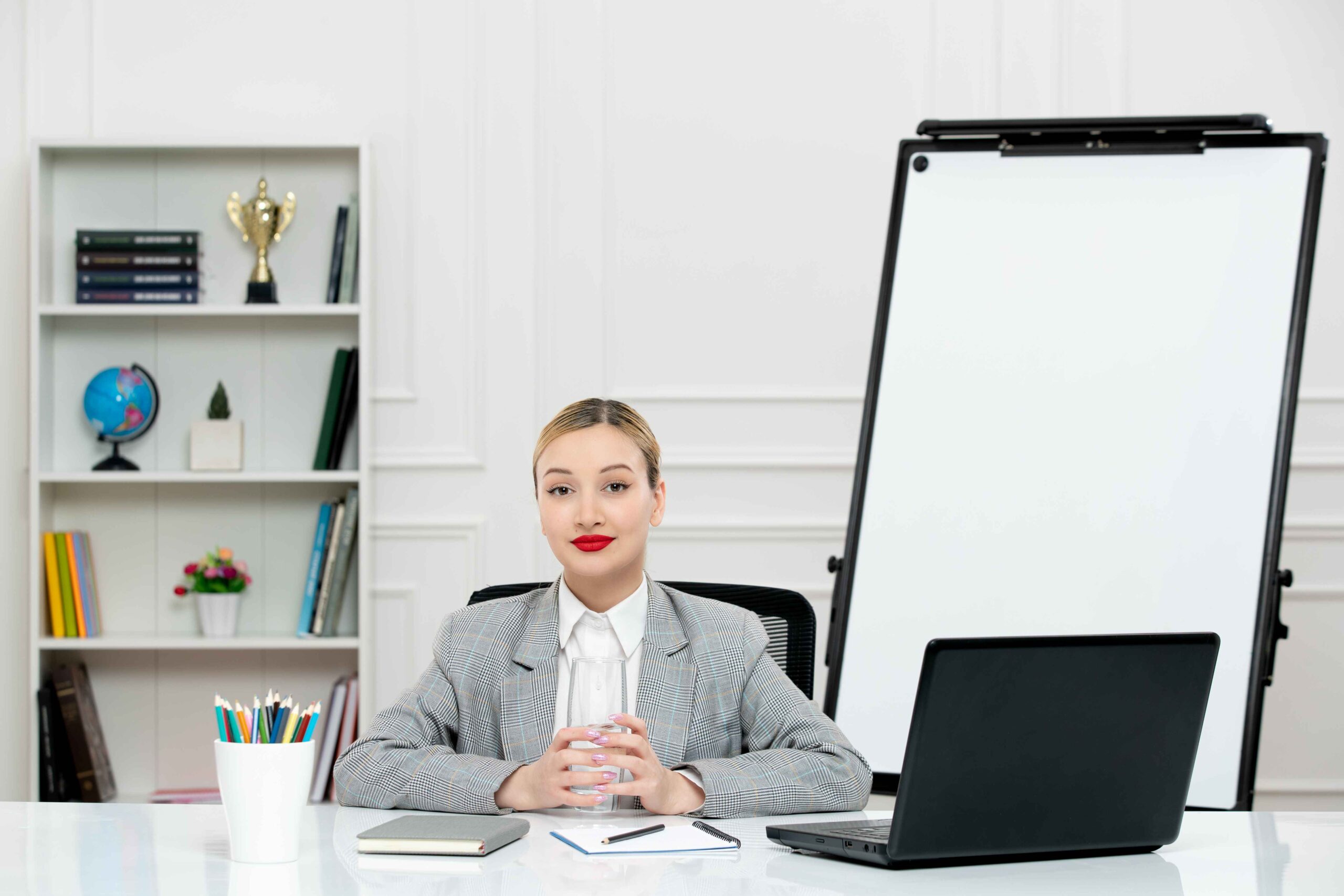 Professional GCSE Tutor young cute instructor in suit in classrom with laptop and whiteboard crossing hands