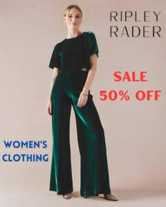 A fashionable display of women’s tops, dresses, and jumpsuits in various styles and colors, highlighting amazing discounts in women designer fashion