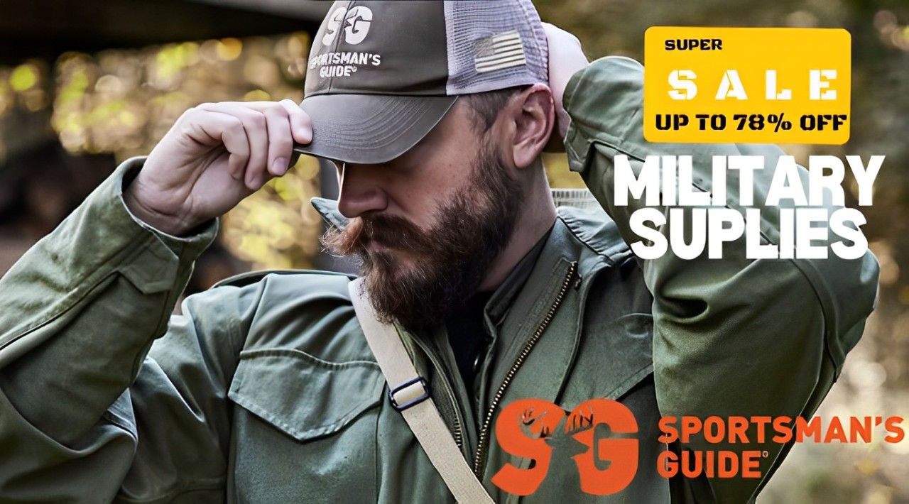 A vibrant display of clothing, shoes, and accessories on sale at Sportsman’s Guide, showcasing the "Up To 75% OFF" promotion, inviting shoppers to explore a variety of outdoor gear and stylish apparel.