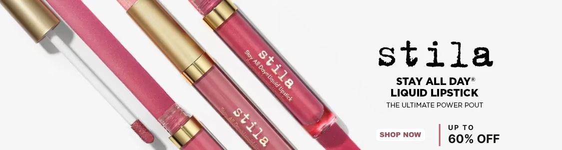 Stila Cosmetics products on sale, including iconic items like brown eyeliner, blue liquid glitter eyeshadow, and highlighters, offering up to 60% off. Perfect for makeup lovers looking to upgrade their collection with high-quality, long-lasting beauty essentials